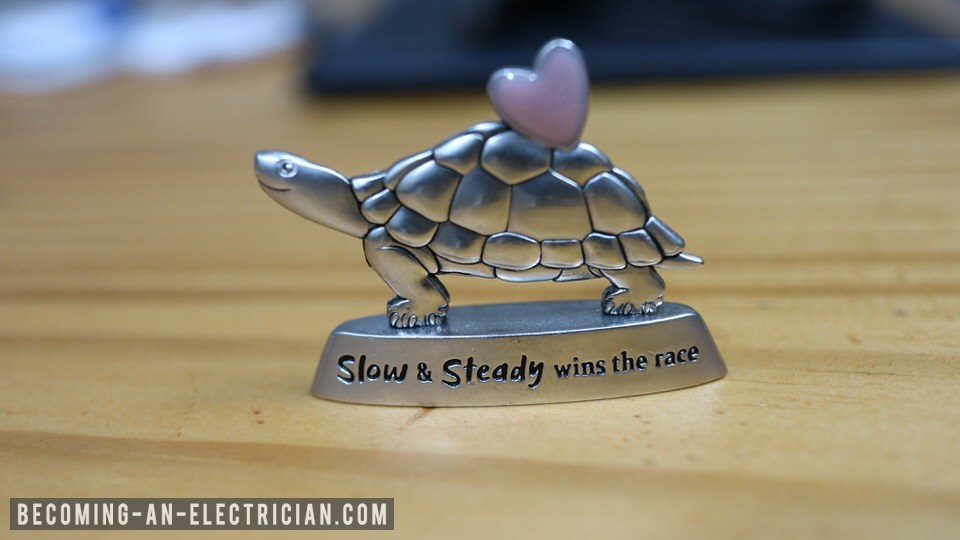 Metal Tortoise that says "Slow and Steady Wins the Race"